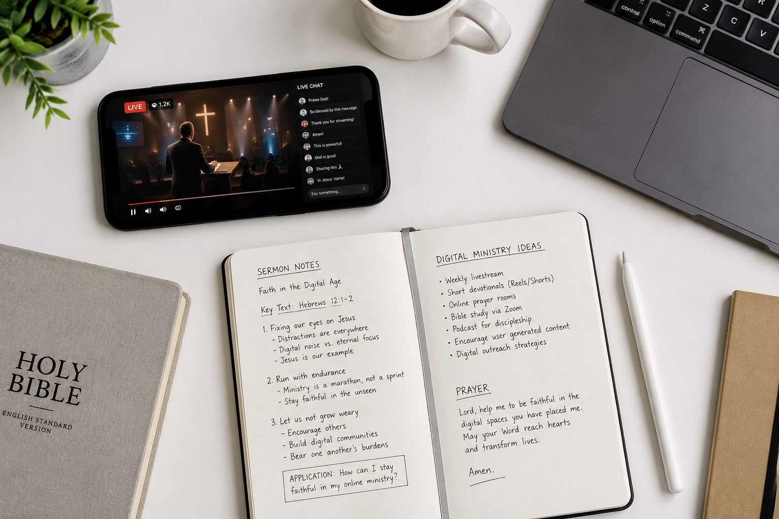 Digital ministry flat-lay — smartphone livestream, Bible, sermon notes